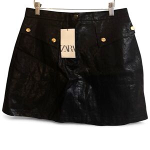 ZARA Black Vegan Leather A-Line Mini Skirt w/Pockets & Gold Buttons Sz L NWT